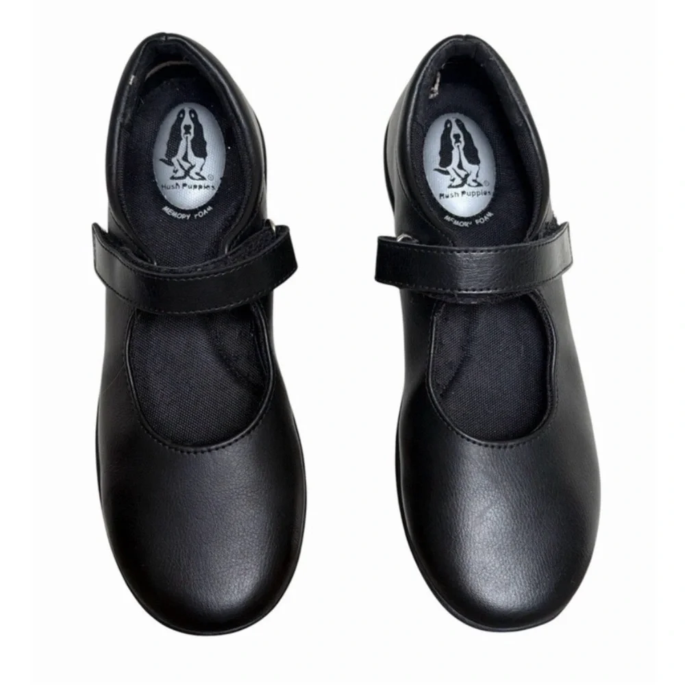Hush Puppies Kids Black Mary Jane Velcro Strap School Shoes